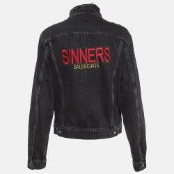 Balenciaga Black Sinner Embroidered Denim Distressed Jacket XL