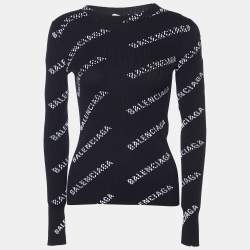 Pre Owned Balenciaga Black Logo Print Rib Knit Jumper XS