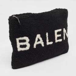 Pre Owned Balenciaga Black/White Shearling Logo Zip Pouch