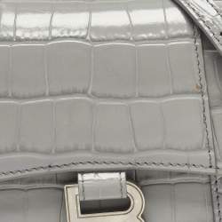 Pre Owned Balenciaga Grey Croc Embossed Leather XS Hourglass Top Handle Bag