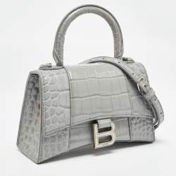 Pre Owned Balenciaga Grey Croc Embossed Leather XS Hourglass Top Handle Bag
