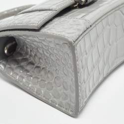 Pre Owned Balenciaga Grey Croc Embossed Leather XS Hourglass Top Handle Bag