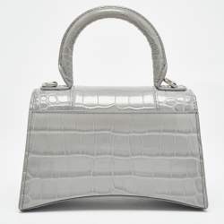 Pre Owned Balenciaga Grey Croc Embossed Leather XS Hourglass Top Handle Bag