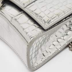 Pre Owned Balenciaga Silver Croc Embossed Patent Leather Hourglass Wallet on Chain