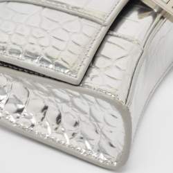 Pre Owned Balenciaga Silver Croc Embossed Patent Leather Hourglass Wallet on Chain