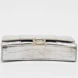 Pre Owned Balenciaga Silver Croc Embossed Patent Leather Hourglass Wallet on Chain