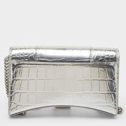 Pre Owned Balenciaga Silver Croc Embossed Patent Leather Hourglass Wallet on Chain
