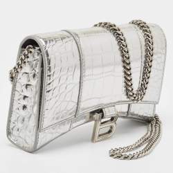 Pre Owned Balenciaga Silver Croc Embossed Patent Leather Hourglass Wallet on Chain