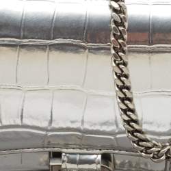Pre Owned Balenciaga Silver Croc Embossed Patent Leather Hourglass Wallet on Chain