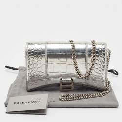 Pre Owned Balenciaga Silver Croc Embossed Patent Leather Hourglass Wallet on Chain