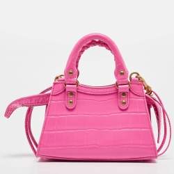 Pre Owned Balenciaga Pink Croc Embossed Leather Nano Neo Classic Tote