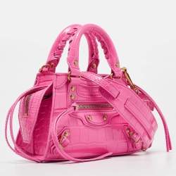 Pre Owned Balenciaga Pink Croc Embossed Leather Nano Neo Classic Tote