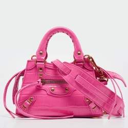 Pre Owned Balenciaga Pink Croc Embossed Leather Nano Neo Classic Tote
