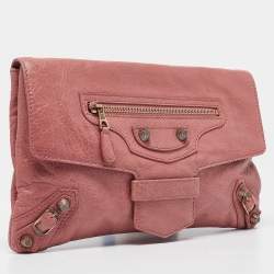 Pre Owned Balenciaga Pink Leather Motocross Flap Clutch
