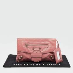 Pre Owned Balenciaga Pink Leather Motocross Flap Clutch