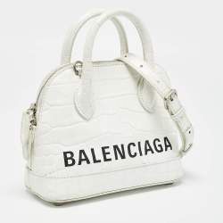 Pre Owned Balenciaga White Croc Embossed Leather XXS Ville Satchel