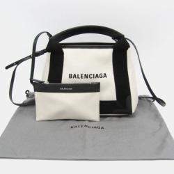 Pre Owned Balenciaga Black/Off-white Canvas and Leather Navy Cabas XS Tote Bag