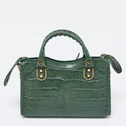 Pre Owned  Balenciaga Green Croc Embossed Leather Mini Classic Metallic Edge City Bag