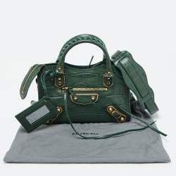 Pre Owned  Balenciaga Green Croc Embossed Leather Mini Classic Metallic Edge City Bag
