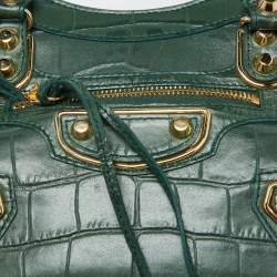 Pre Owned  Balenciaga Green Croc Embossed Leather Mini Classic Metallic Edge City Bag
