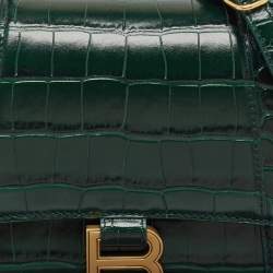 Pre Owned Balenciaga Green Croc Embossed Leather Small Hourglass Top Handle Bag