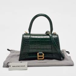 Pre Owned Balenciaga Green Croc Embossed Leather Small Hourglass Top Handle Bag