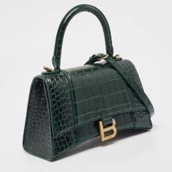Pre Owned Balenciaga Green Croc Embossed Leather Small Hourglass Top Handle Bag