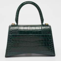 Pre Owned Balenciaga Green Croc Embossed Leather Small Hourglass Top Handle Bag