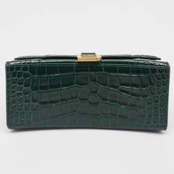 Pre Owned Balenciaga Green Croc Embossed Leather Small Hourglass Top Handle Bag