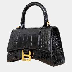 Balenciaga Black Croc Embossed Leather XS Hourglass Top Handle Bags