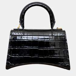 Balenciaga Black Croc Embossed Leather XS Hourglass Top Handle Bags