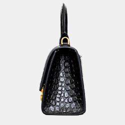 Balenciaga Black Croc Embossed Leather XS Hourglass Top Handle Bags