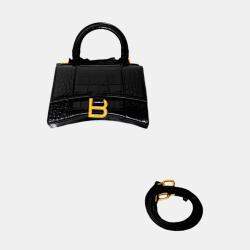 Balenciaga Black Croc Embossed Leather XS Hourglass Top Handle Bags