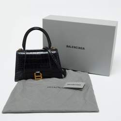 Pre Owned Balenciaga Black Croc Embossed Leather Small Hourglass Top Handle Bag