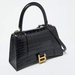 Pre Owned Balenciaga Black Croc Embossed Leather Small Hourglass Top Handle Bag