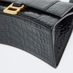 Pre Owned Balenciaga Black Croc Embossed Leather Small Hourglass Top Handle Bag