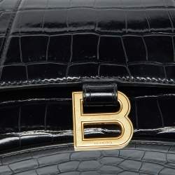 Pre Owned Balenciaga Black Croc Embossed Leather Small Hourglass Top Handle Bag