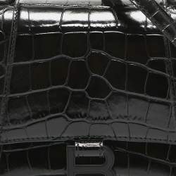 Pre Owned Balenciaga Black Croc Embossed Leather Small Hourglass Top Handle Bag
