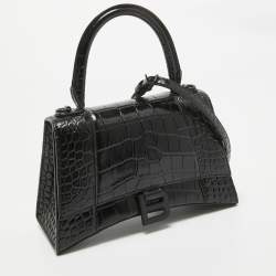 Pre Owned Balenciaga Black Croc Embossed Leather Small Hourglass Top Handle Bag