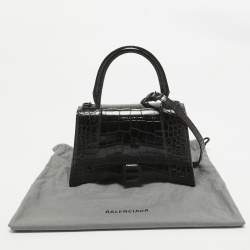 Pre Owned Balenciaga Black Croc Embossed Leather Small Hourglass Top Handle Bag