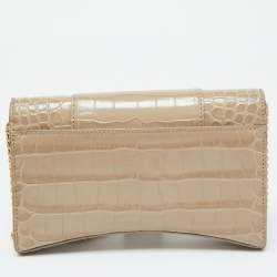 Pre Owned Balenciaga Beige Croc Embossed Leather Hourglass Wallet On Chain
