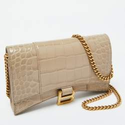 Pre Owned Balenciaga Beige Croc Embossed Leather Hourglass Wallet On Chain