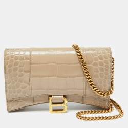 Pre Owned Balenciaga Beige Croc Embossed Leather Hourglass Wallet On Chain
