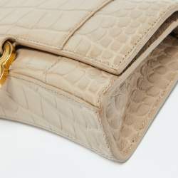 Pre Owned Balenciaga Beige Croc Embossed Leather Hourglass Wallet On Chain