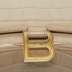 Pre Owned Balenciaga Beige Croc Embossed Leather Hourglass Wallet On Chain