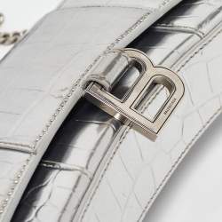 Pre Owned Balenciaga Silver Croc Embossed Leather Hourglass Wallet on Chain