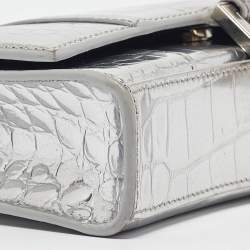 Pre Owned Balenciaga Silver Croc Embossed Leather Hourglass Wallet on Chain