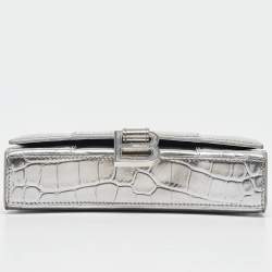 Pre Owned Balenciaga Silver Croc Embossed Leather Hourglass Wallet on Chain