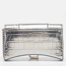 Pre Owned Balenciaga Silver Croc Embossed Leather Hourglass Wallet on Chain