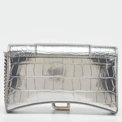 Pre Owned Balenciaga Silver Croc Embossed Leather Hourglass Wallet on Chain